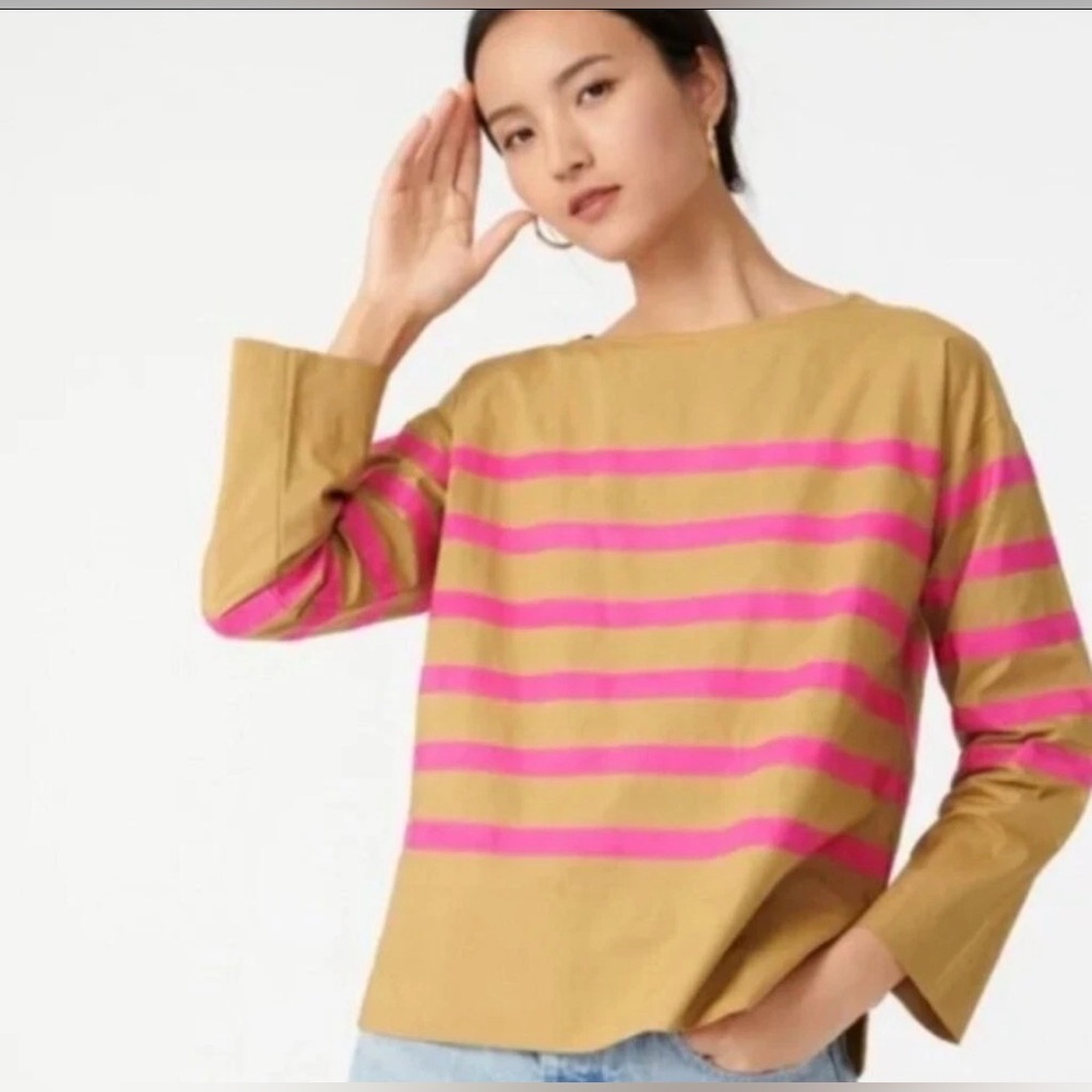 J. Crew Pink and Tan Striped Long Sleeve Top